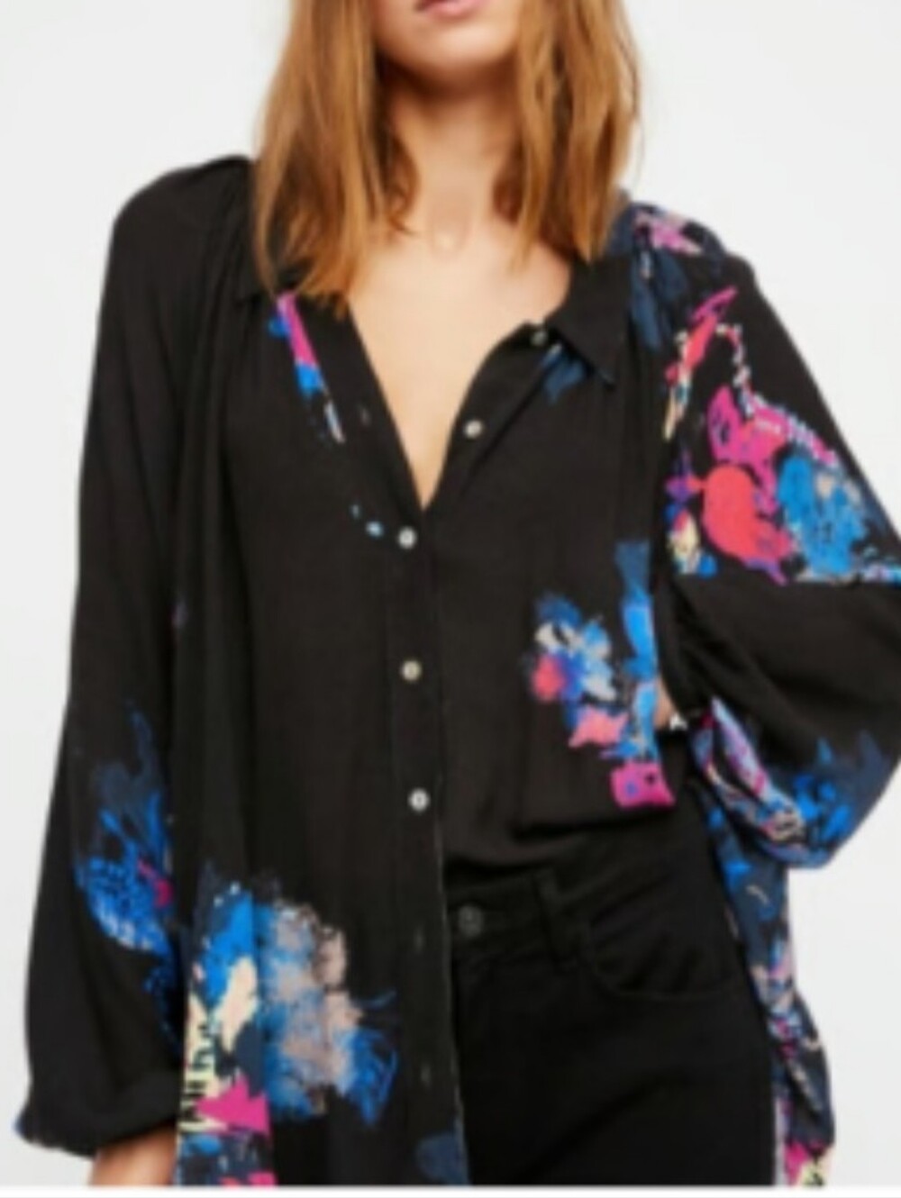 Free People Meadow Lark Floral Tunic Watercolor Button Up Sz M